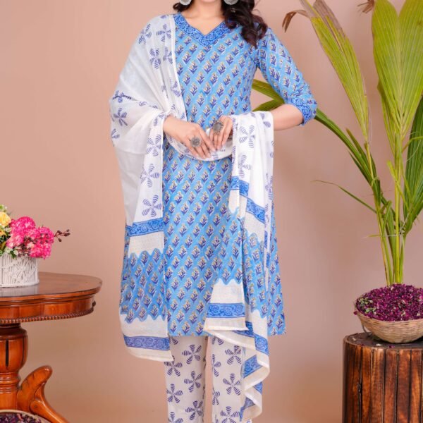 Women's Blue Cotton Printed Straight Kurti with Pant & Dupatta Set