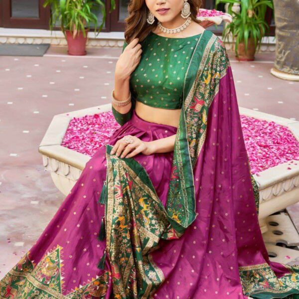Purple Dola Silk Lehenga Choli with Dark Green Blouse | Bandhej & Ajarakh Print | Wedding & Festive Wear
