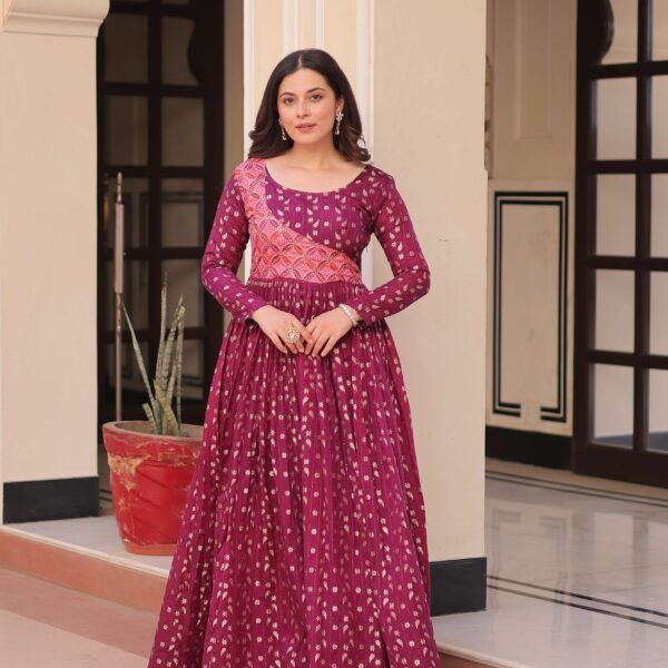 Wine Premium Position Print Choli Gown ? Designer Ready-to-Wear Collection