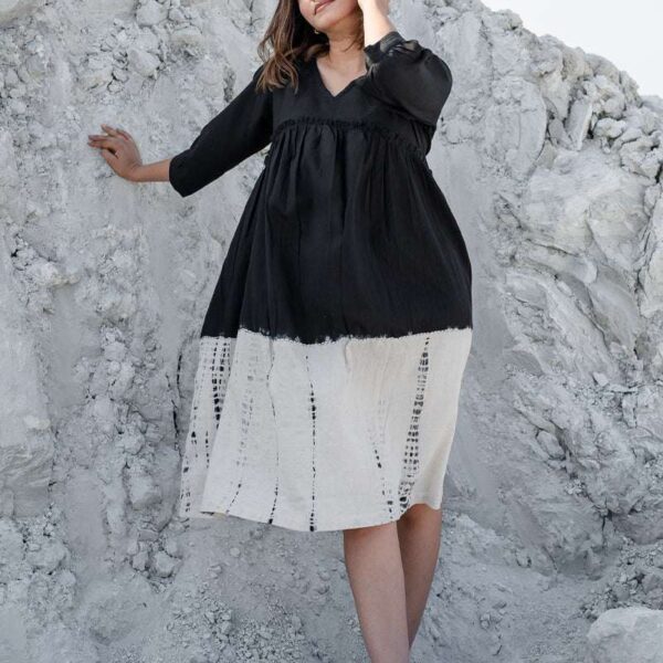 Women's Cotton Tie-Dye Print Loose Short Sleeveless Tunic Dress ( Black White )