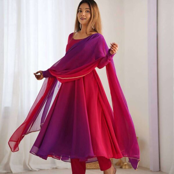 Women's Pure Romansilk Chanderi Tie-Dye Anarkali Kurti Pant With Dupatta Set