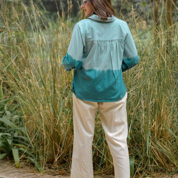 Women's Cotton Tie-Dye Print Straight Shirt With Wide Leg Palazzo Pant Casual Summer Collection Cord Set ( Turquoise )