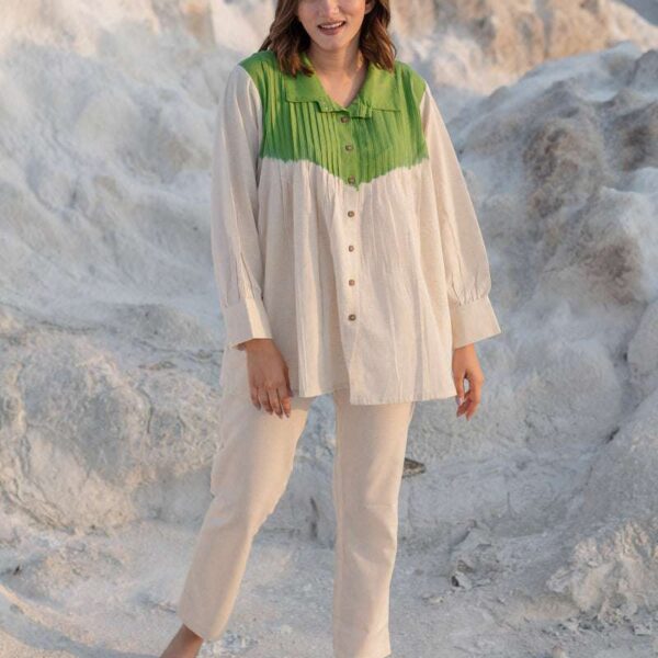 Women's Cotton Tie-Dye Print Straight Shirt With Wide Leg Palazzo Pant Casual Summer Collection Cord Set ( Pudina Green )