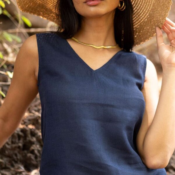 Women's Cotton Solid V Neck Sleeveless 2 Piece Outfit Loose Tank Top and Wide Leg Palazzo Pants Sets cord set ( Navy Blue-White )