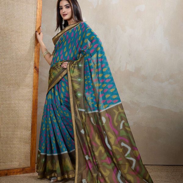 Teal Blue & Olive Green Ikat Printed Chanderi Saree ? Festive & Cultural Elegance