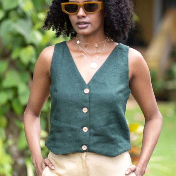 Women's Cotton Solid V Neck Sleeveless 2 Piece Outfit Loose Tank Top and Wide Leg Palazzo Pants Sets cord set ( Green )