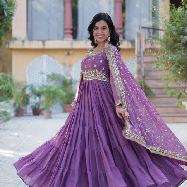 Onion Star Georgette Fully Flared Gown with Sequins Embroidered Dupatta & Lace Border