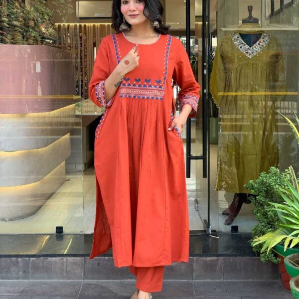 Women's Rayon Embroidered A-Line Kurti With Pant Set