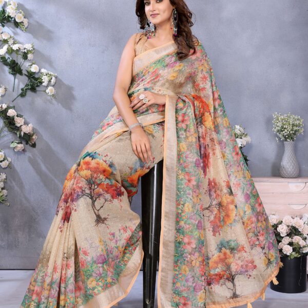 Elegant Multicolor Floral Printed Linen Saree
