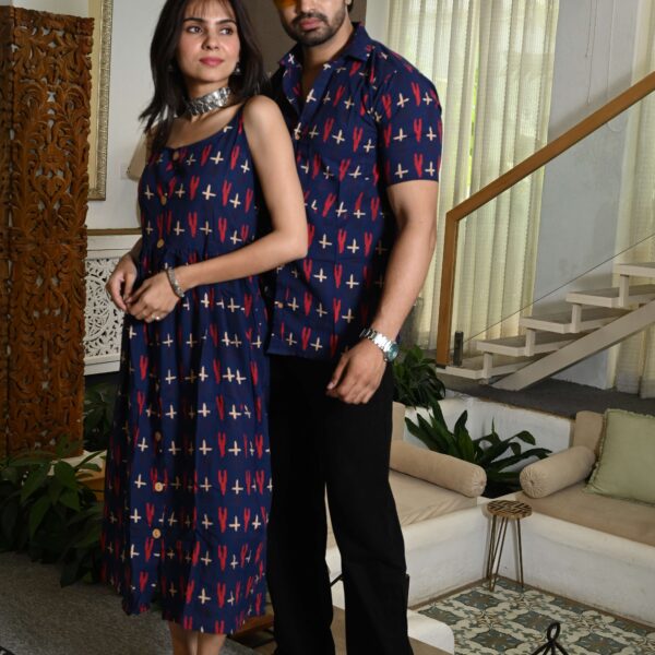 Couple Matching Outfit ? Navy Blue Cotton Printed Midi Dress & Shirt Set, Summer Casual Wear
