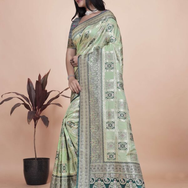 Pastel Green & Dark Green Banarasi Silk Saree with Silver Zari | Wedding & Festive Wear | Elegant Designer Banarasi Saree