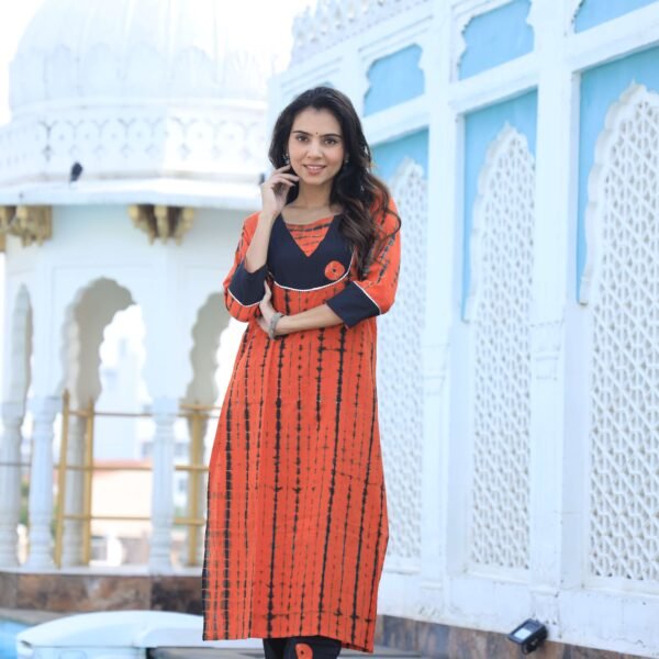 Women?s Orange Cotton Kurta with Black Pants ? Ethnic Casual Wear Set