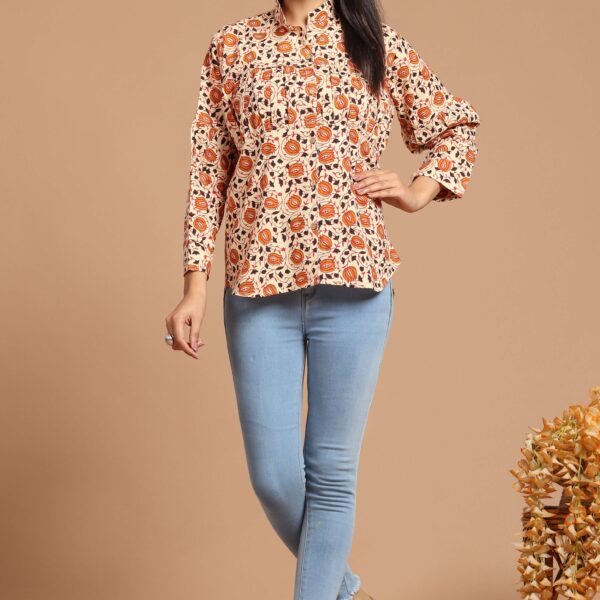 Women?s Peach Floral Printed Cotton Long Sleeve Shirt Top ? Casual & Office Wear