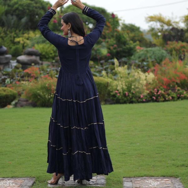 Navy-Blue Premium Navratri Gown with Kutchi Gamthi Embroidery, Mirror Work & Frill Detailing ? Elegant Ethnic Wear for Women