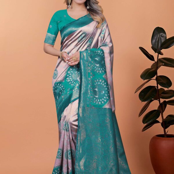 Emerald Elegance Banarasi Silk Saree with Lavender Base, Green Zari Border & Peacock Motifs | Wedding, Festive & Traditional Wear