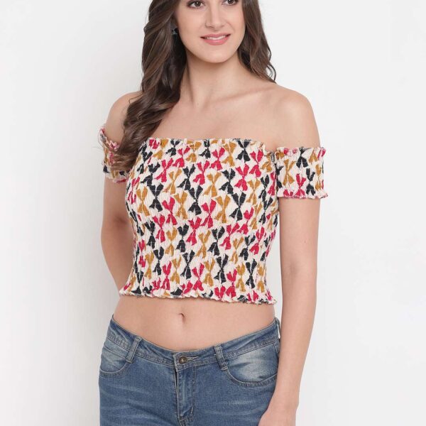 Women's Rayon Printed Off-Shoulder Smocked Crop Top Short Sleeve Casual Styles Tank Top (FREE SIZE) Multi31
