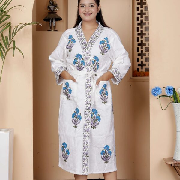 Handcrafted Cotton Block Printed Long Robe | Comfortable Loungewear & Bathrobe for Women