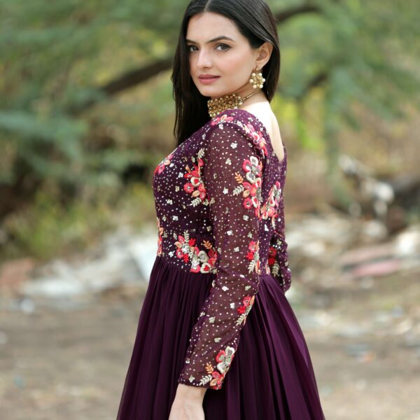 Wine Faux Blooming Designer Gown with Multi-Thread Embroidery & Sequins ? Premium Ready-to-Wear Dress