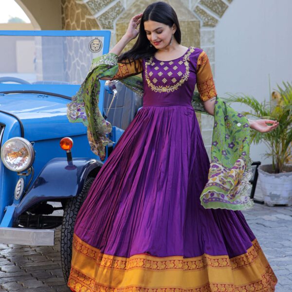 Green Premium Silk Designer Gown with Jequard Weaving & Embroidered Dupatta ? Ready-to-Wear Set