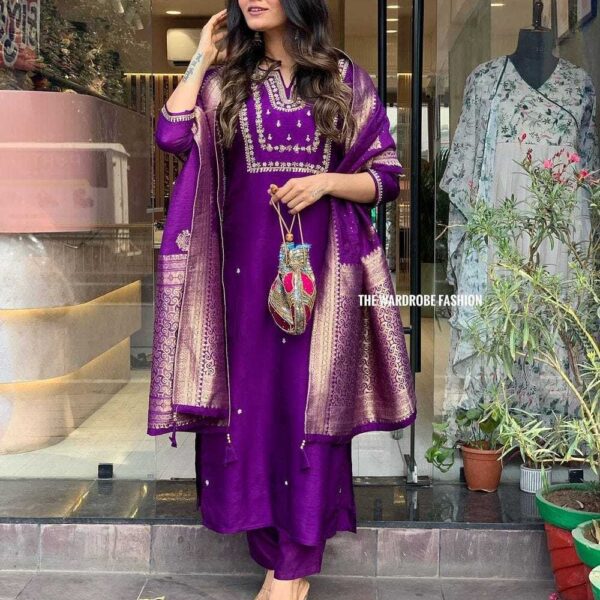 Women's Viscose Silk Heavy Embroidered Straight Kurta With Trouser & Banarasi Jacquard Dupatta Set