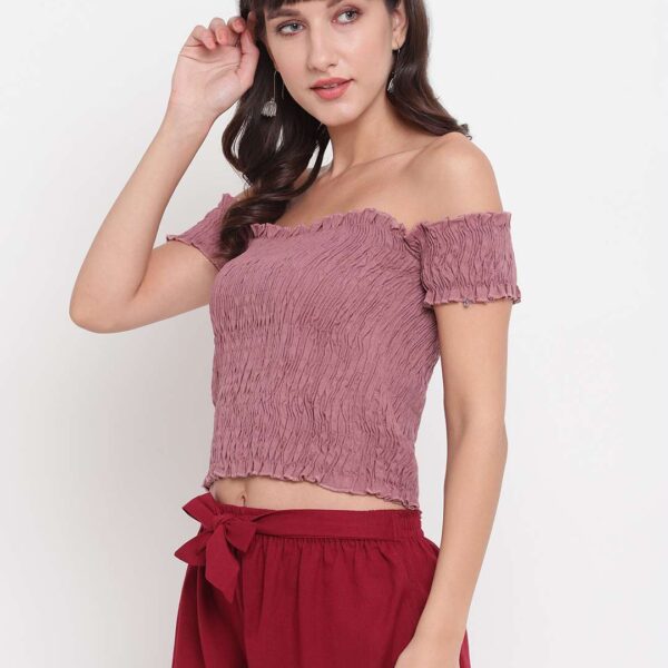 Women's Rayon Solid Off-Shoulder Smocked Crop Top Short Sleeve Casual Styles Tank Top (FREE SIZE) Multi29