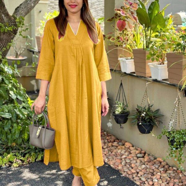 Women's Cotton Plain Coard set A-Line Straight Kurti With Pant