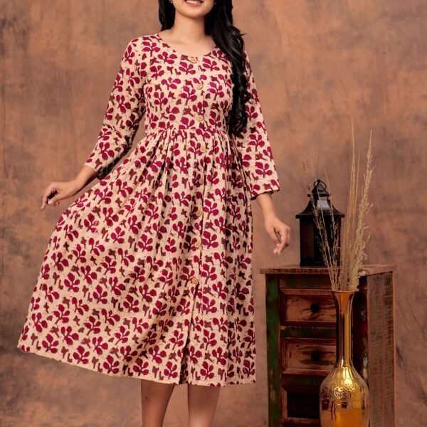 Beige & Red Floral Printed Cotton A-Line Dress with Button-Down Front