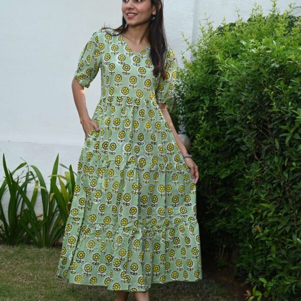 Light Green Floral Printed Cotton Anarkali Maxi Dress with Puff Sleeves Elegant Casual Wear