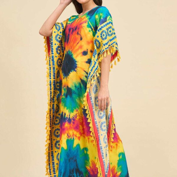 Women's Cotton Tie Dye Print Flowing Bell Sleeves Full Length Kaftan Drees Casual Beach Wear ( Multicolor )