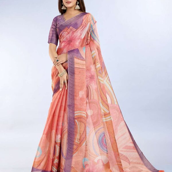 Elegant Teal Green and Mauve Pink Linen Saree with Geometric and Floral Prints