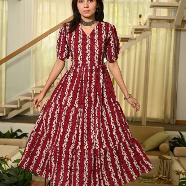 Red Printed Cotton Anarkali Maxi Dress with Puff Sleeves Elegant Casual Wear