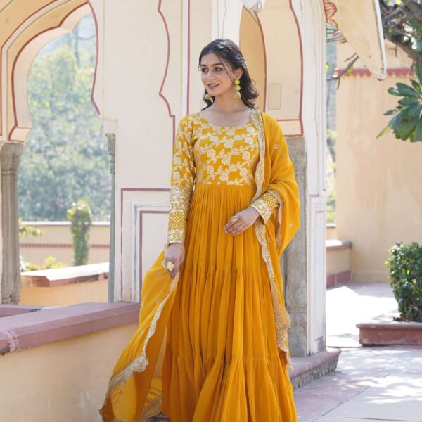 Yellow Faux Blooming Designer Gown with Sequined Dupatta ? Elegant Fully Flared Ready-to-Wear Set
