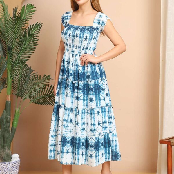 Women's Viscos Rayon Printed Off Shoulder Midi Dress For Summer And Casual Wear (Blue Td)
