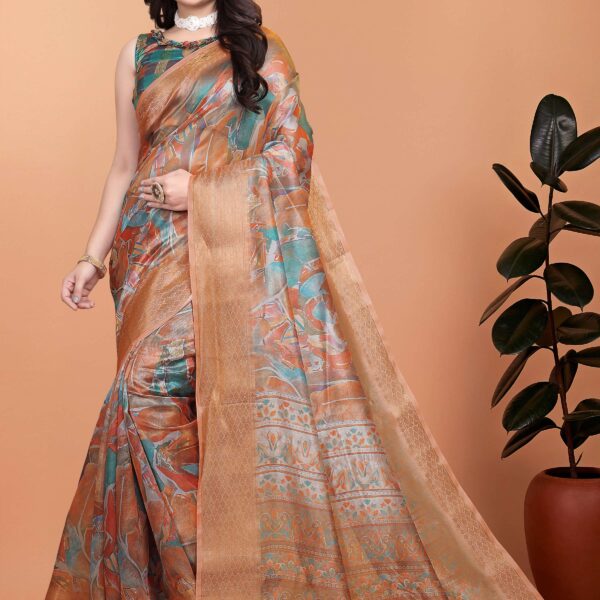 Orange & Copper Soft Silk Blend Saree with Zari Border and Printed Pallu