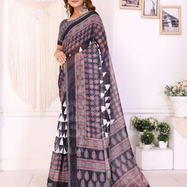 Black & Maroon Chanderi Saree with Geometric & Block Prints ? Festive & Elegant