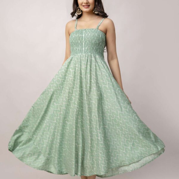 Women's Silk Printed Shoulder Straps Sleeveless Anarkali Gown Drees (GREEN-SUI)
