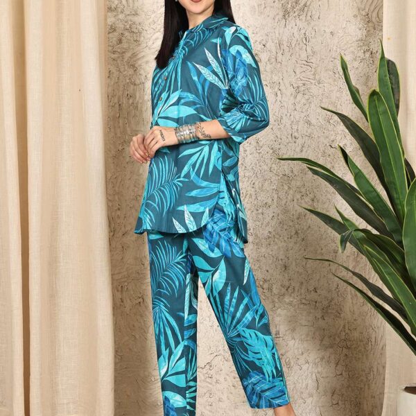 Women's Pure Cotton Printed Collared Top and Pant Co-ord Set (Multti Color2)