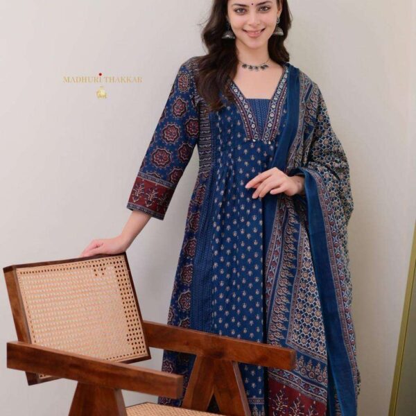 Women's Cotton Printed A Line Premium Kurti with Pant and Dupatta set