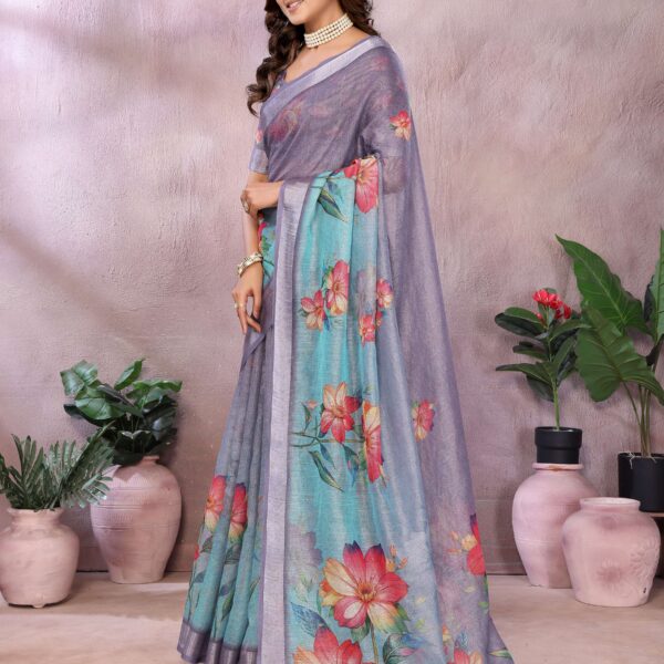Aqua Blue Floral Printed Linen Shimmer Saree with Lavender Border