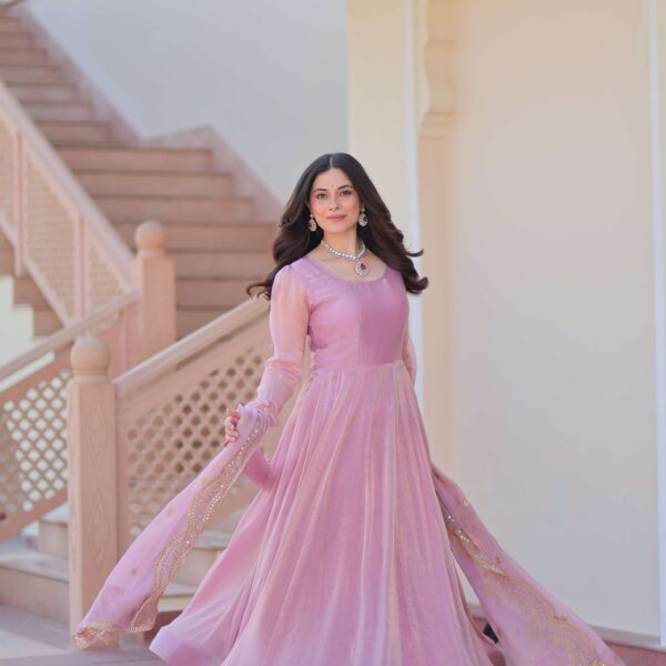 Pink Premium Fendy Chiffon Gown with Sequins & Zari Embroidered Dupatta ? Elegant Partywear