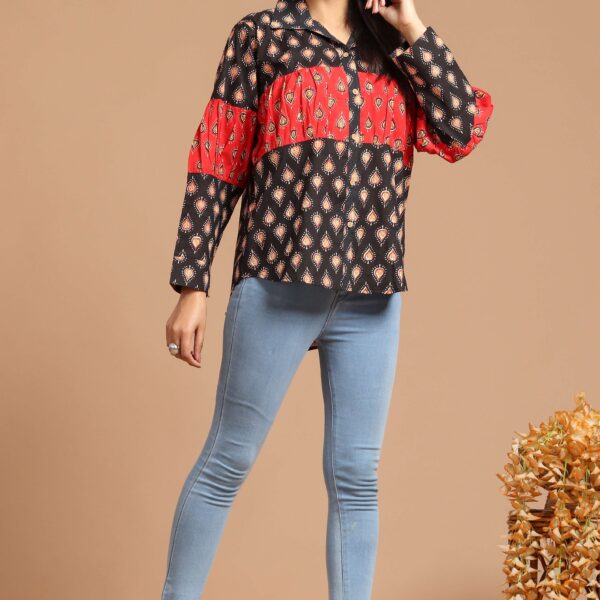 Black & Red Printed Long Sleeve Cotton Top for Women ? Stylish Casual Shirt Style