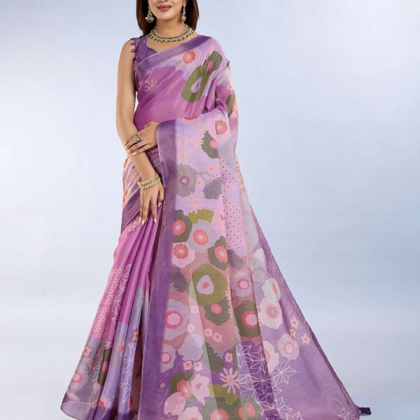 Elegant Lavender Floral Printed Linen Saree with Geometric Border and Tassels