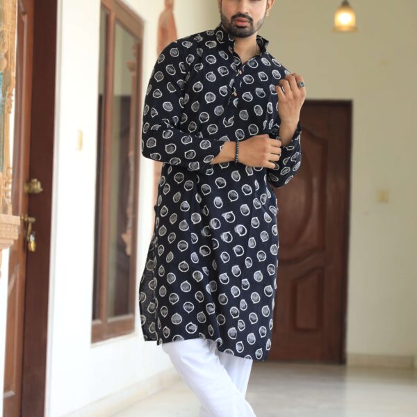 Mens Black Printed Cotton Kurta with White Pajama ? Traditional Ethnic Wear for Festive & Wedding
