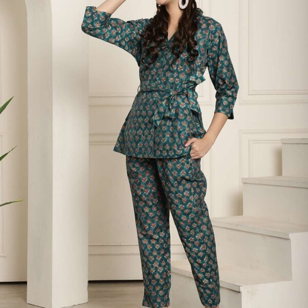 Women's Pure Cotton Printed Collared Top and Pant Co-ord Set