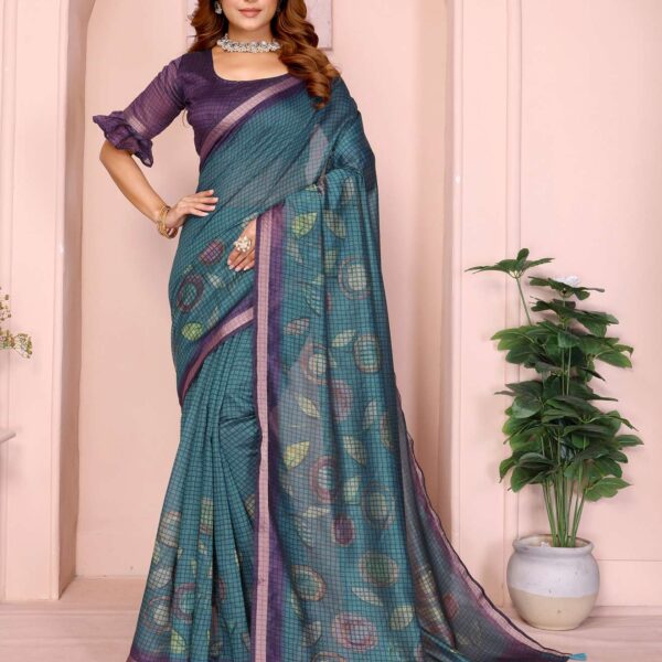 Teal Blue & Purple Black Chanderi Saree ? Checkered Digital Print with Leaf Motifs & Tassel Pallu