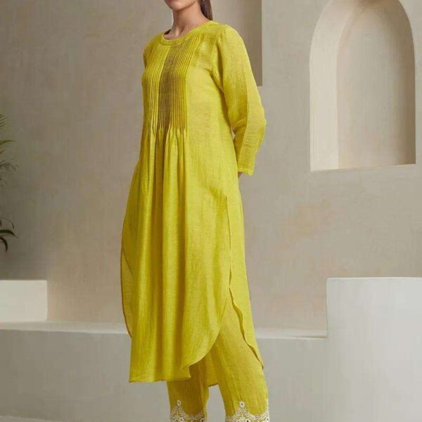 Women's Cotton Printed Line Flared Straight Kurti with Palazzo and Dupatta (Parrot Green)