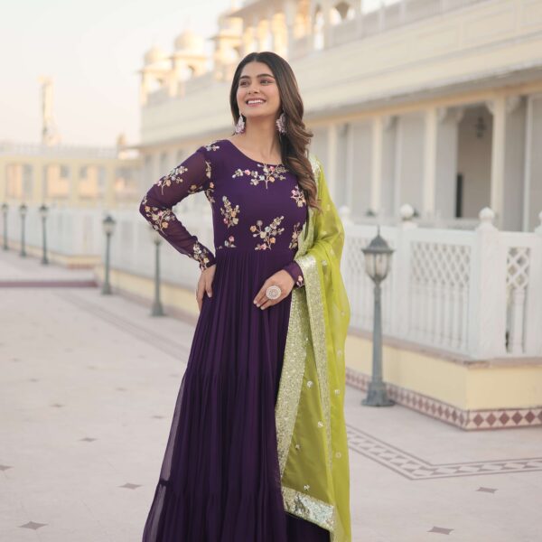 Purple Faux Georgette Designer Gown with Russian Silk Sequined Dupatta ? Elegant Fully Flared Party & Wedding Set
