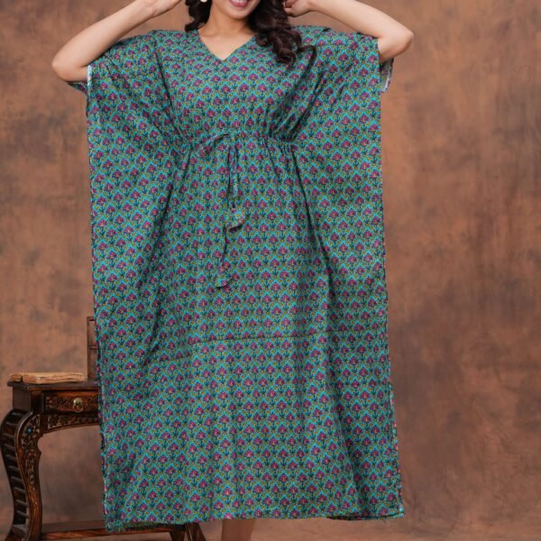Women's Green Cotton Printed Kaftan Dress with Drawstring Waist