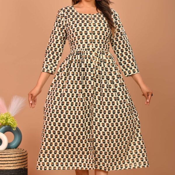 Beige & Black Handblock Printed A-Line Midi Dress with 3/4 Sleeves ? Elegant Ethnic Casual Wear