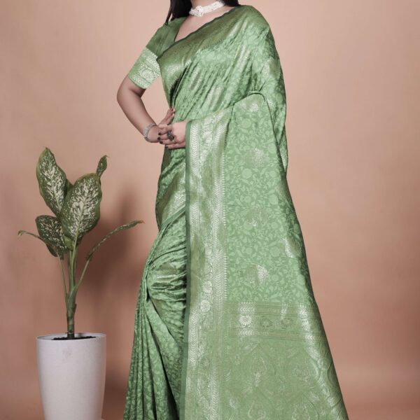 Pista Green Banarasi Silk Saree with Silver Zari Butti | Ornate Pallu & Border | Wedding, Festive & Traditional Wear